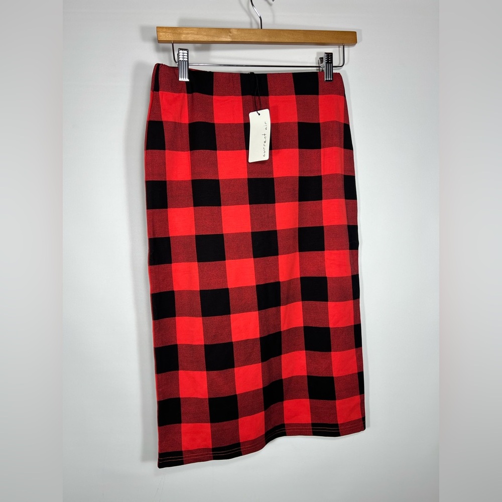 Current Air Red and Black Buffalo Plaid Midi Pencil Skirt